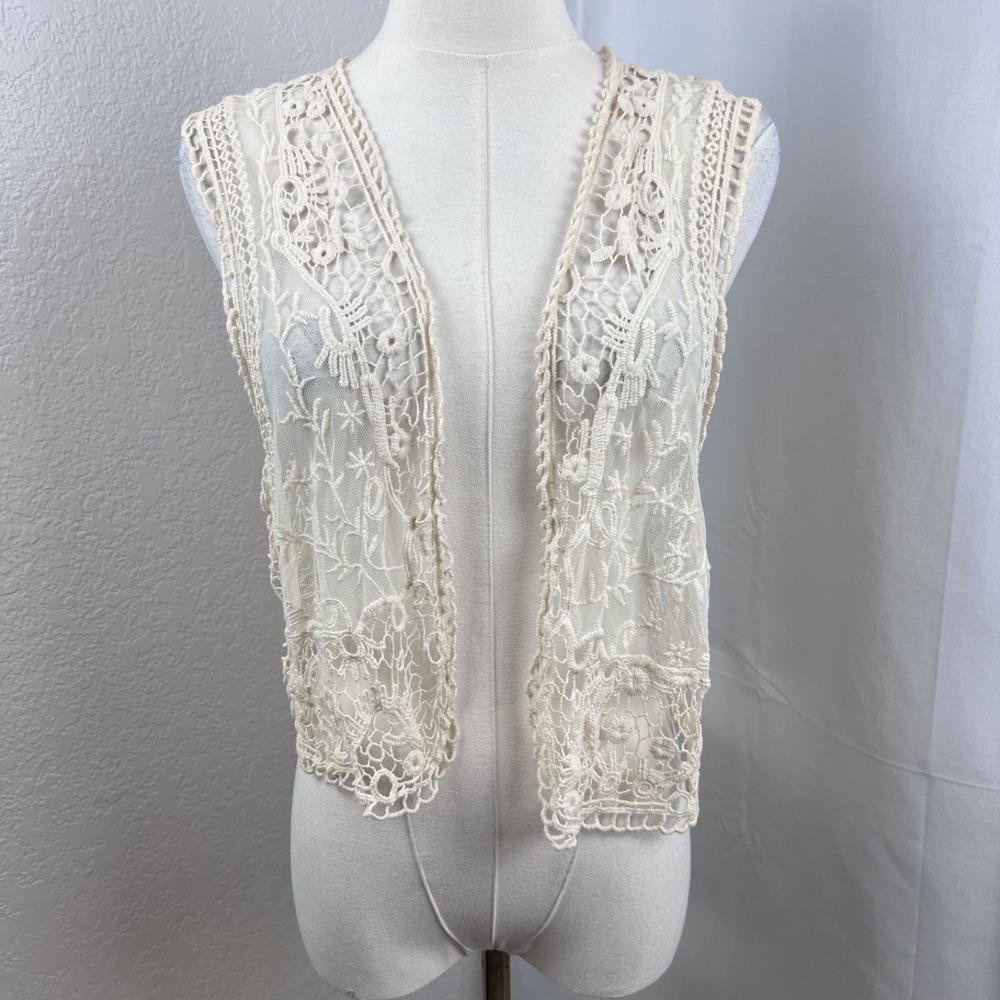 Y2K Crochet Lace Vest Womens Large Cream Open Front Boho Festival Cottage Fairy